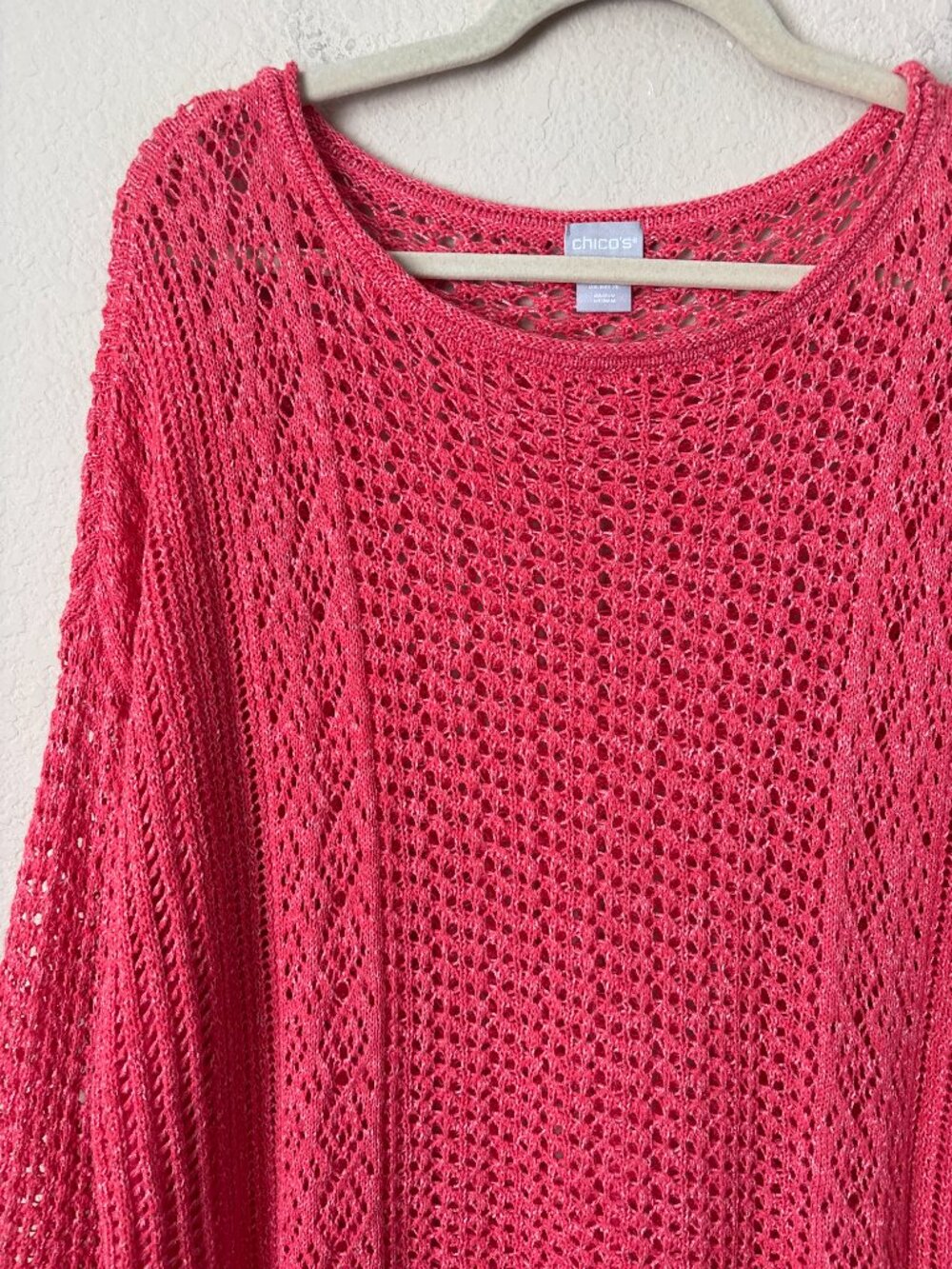 Chico’s Open Stitch Pullover Long Sleeve Lightweight Coral Pink Sweater - Picture 3 of 8